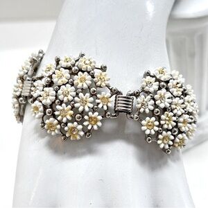 Leru, Vintage Silver, Enamel, Crystals, Floral, Daisy Wide Bracelet